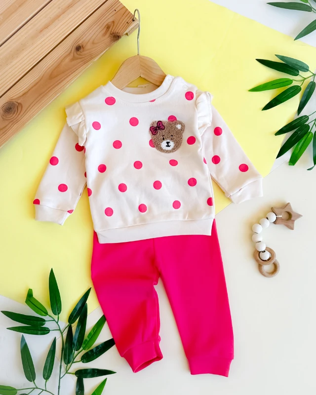 İri renkli puantiyeler fiyonklu bear punch detaylı omuzdan çıtçıtlı mevsimlik 2 parça takım