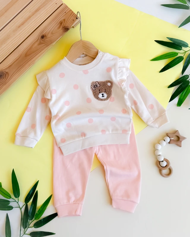 İri renkli puantiyeler fiyonklu bear punch detaylı omuzdan çıtçıtlı mevsimlik 2 parça takım