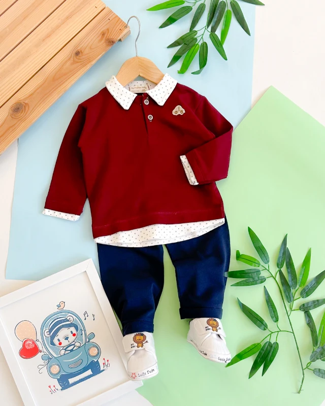 Minik araba nakışlı gömlek yaka görünümlü mevsimlik 2 parça takım