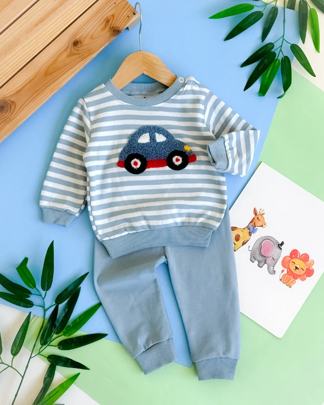 Sevimli araba punch işlemeli çizgi detaylı omuzdan çıtçıtlı mevsimlik 2 parça takım