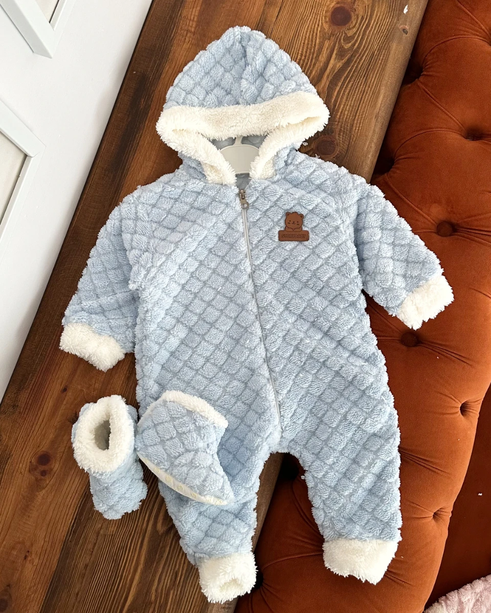 Kabartma detay boydan fermuarlı panduflu dış giyim peluş tulum 