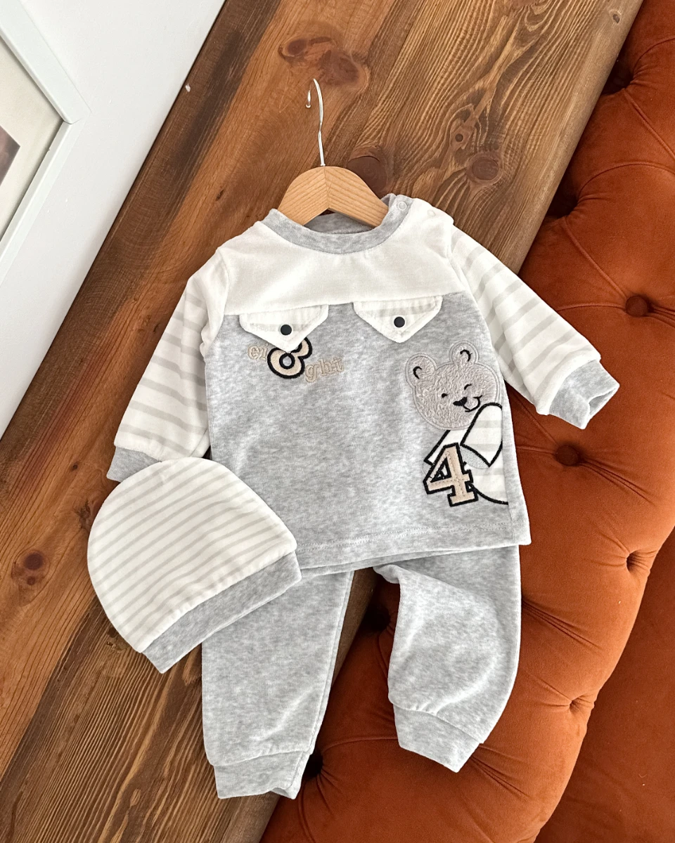 Minik ayıcık detay kadife 3 parça bebe takım