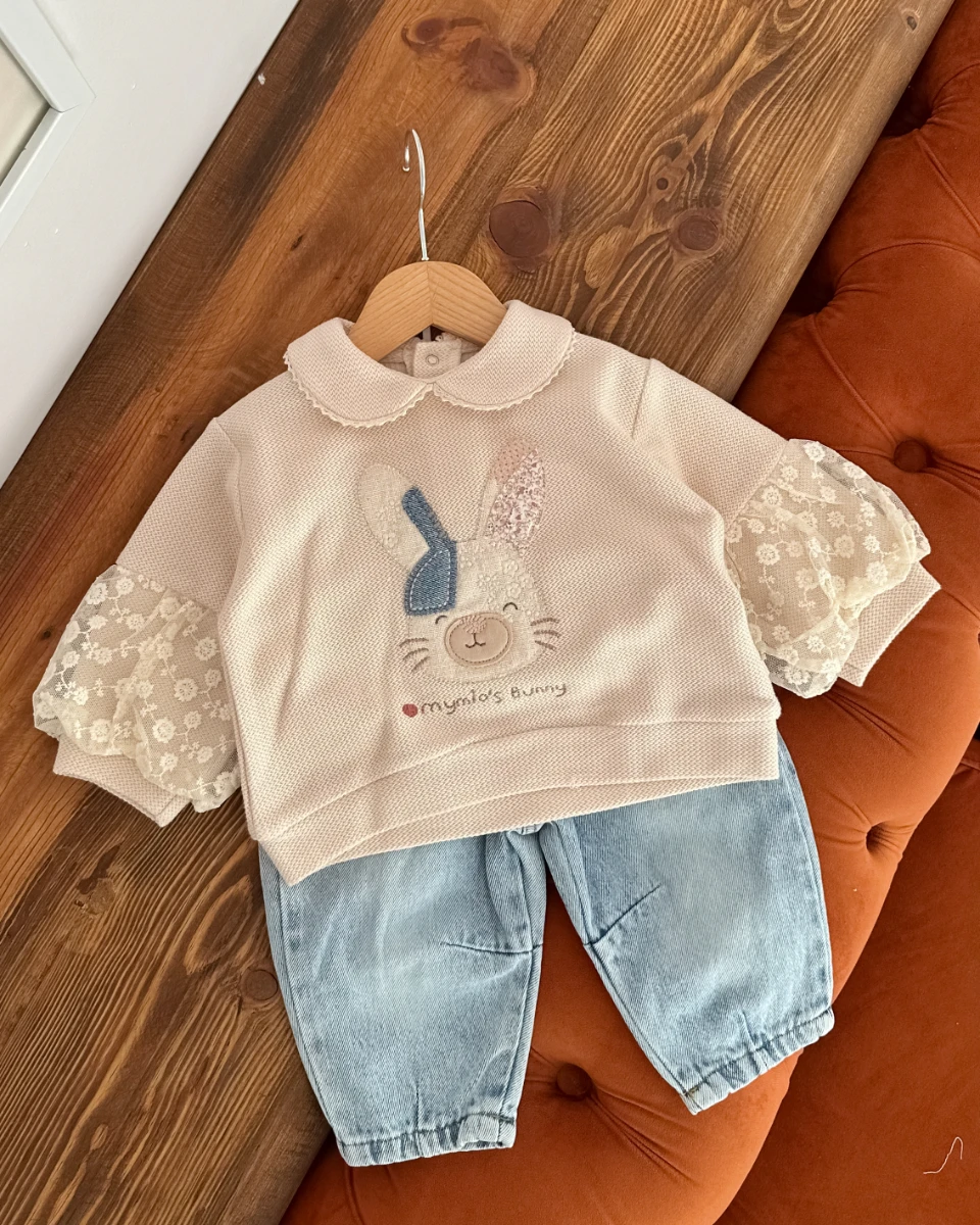 My bunny kolları dantel detay kot pantolonlu mevsimlik 2 parça kız bebe takım 