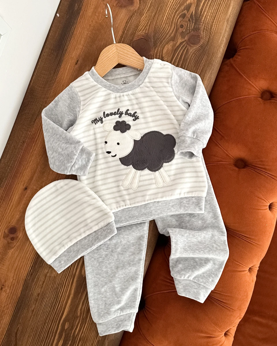My lovely baby omzdan çıtçıt detay 3 parça kadife takım 