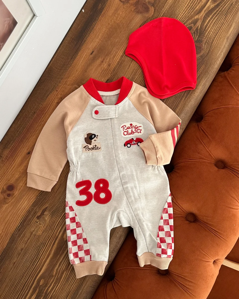 Racing club boydan fermuarlı bereli 2 parça bebe tulum 