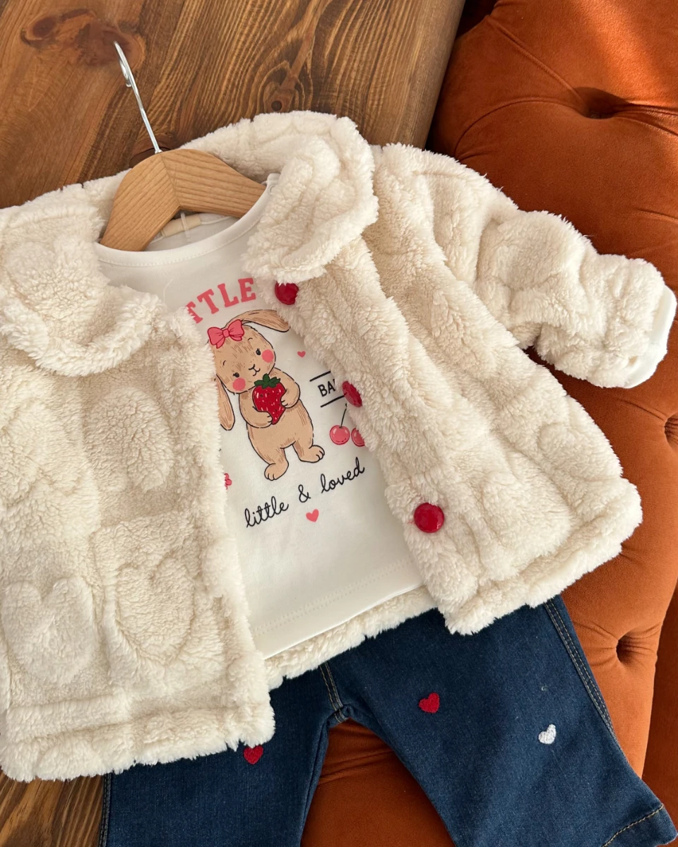 Sweet baby peluş hırkalı premium kız bebe 3 parça takım 