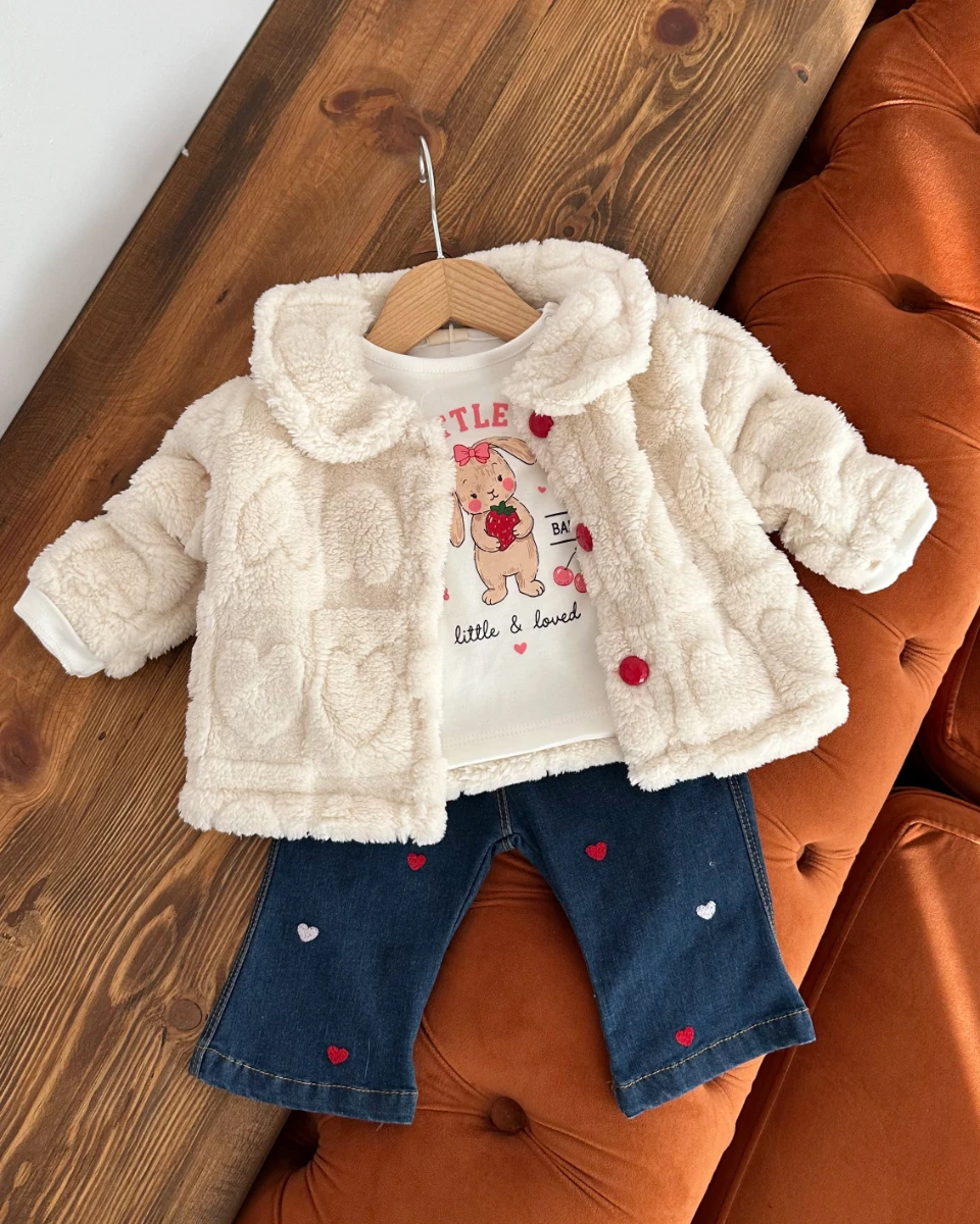 Sweet baby peluş hırkalı premium kız bebe 3 parça takım 