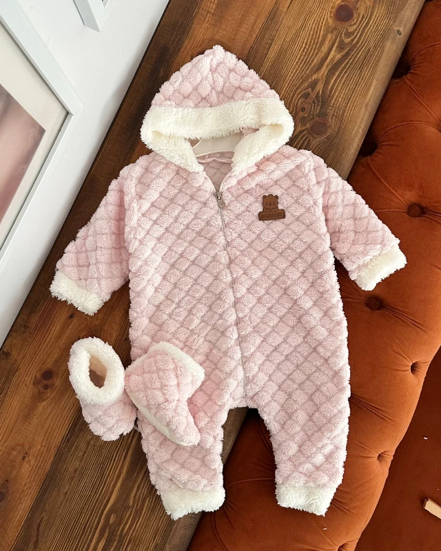 Kabartma detay boydan fermuarlı panduflu dış giyim peluş tulum 