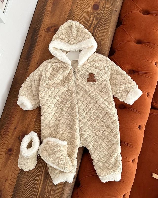 Kabartma detay boydan fermuarlı panduflu dış giyim peluş tulum 