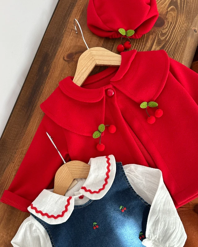 Kiraz detay jile elbise kaşe ceketli premium 4 parça kız bebe takım 