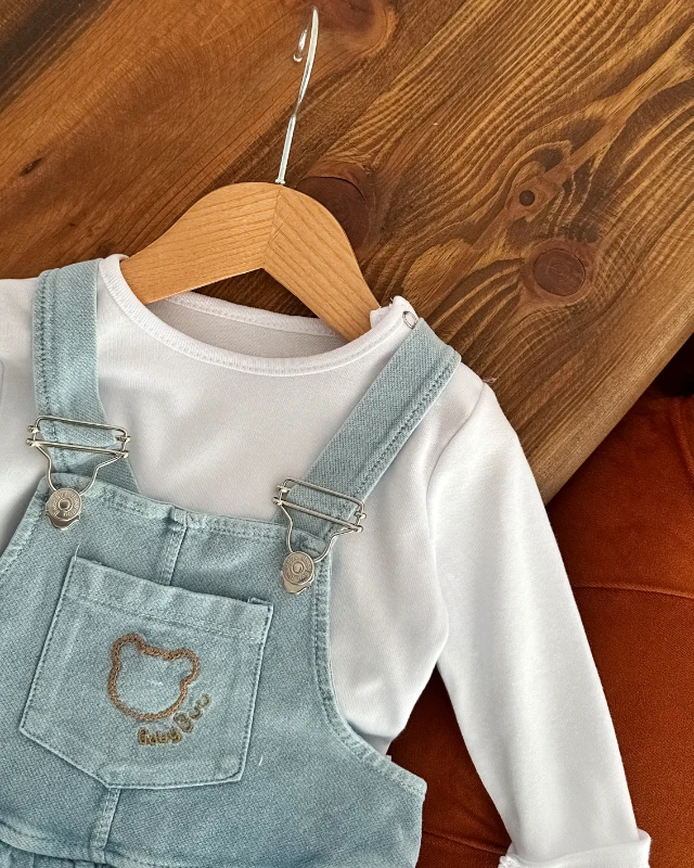 Neşeli etek mevsimlik 2 parça kot görünümlü örme kumaş jile set 
