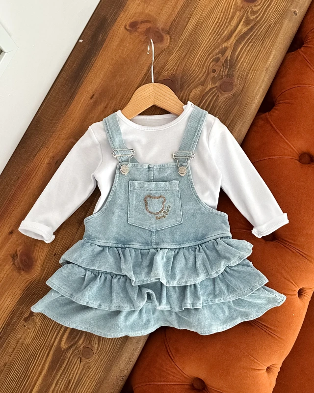Neşeli etek mevsimlik 2 parça kot görünümlü örme kumaş jile set 