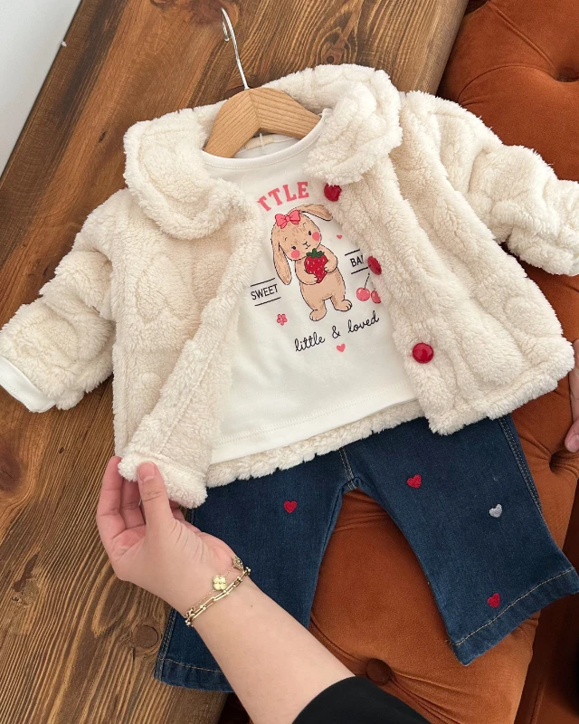 Sweet baby peluş hırkalı premium kız bebe 3 parça takım 