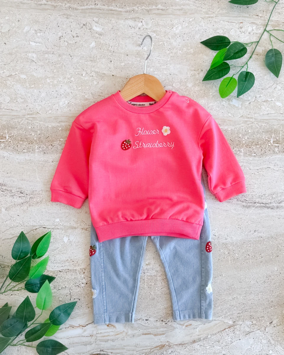 Çilek papatya nakış detay örme kot taytlı iki ip sweat mevsimlik 2 parça bebe takım 