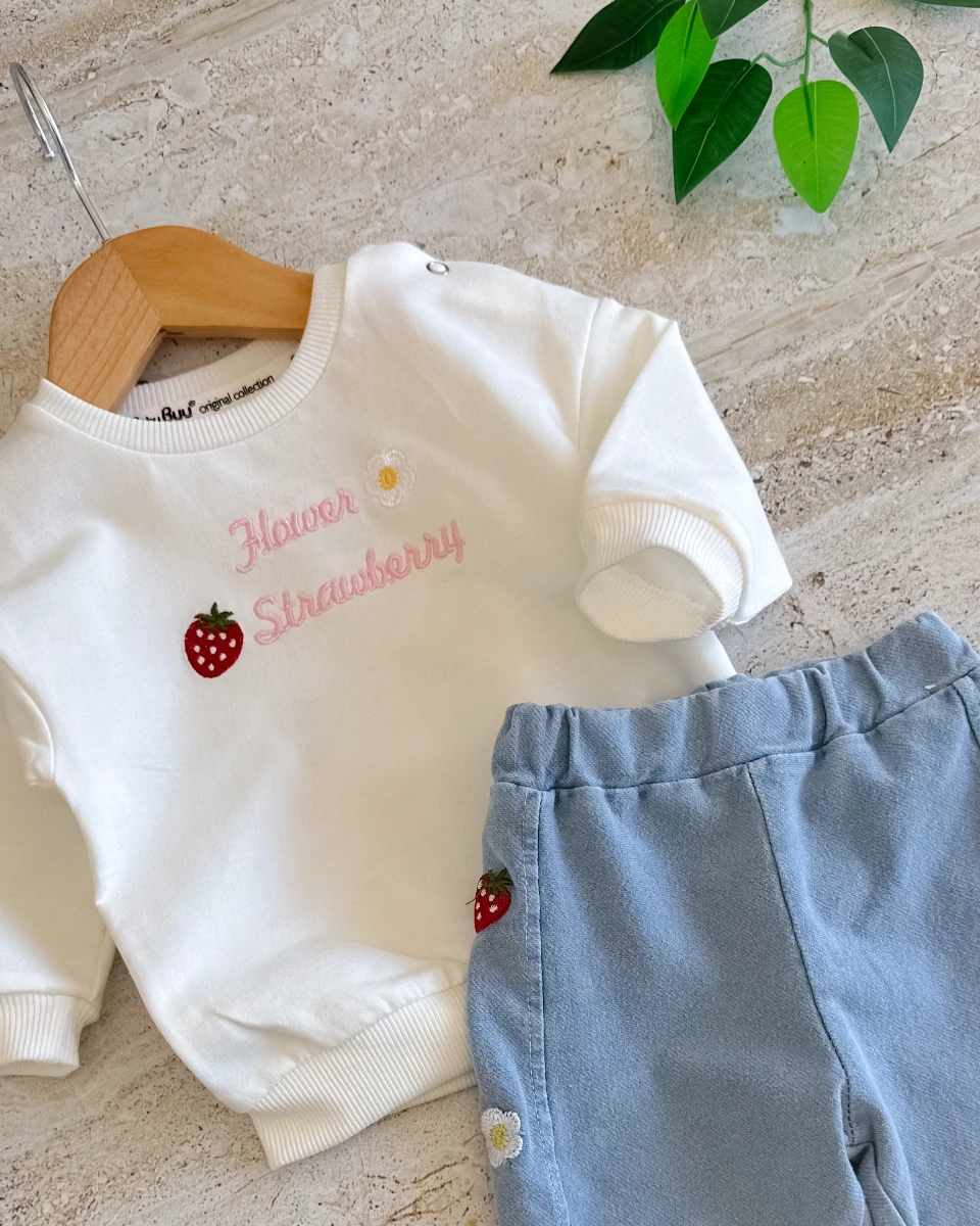 Çilek papatya nakış detay örme kot taytlı iki ip sweat mevsimlik 2 parça bebe takım 