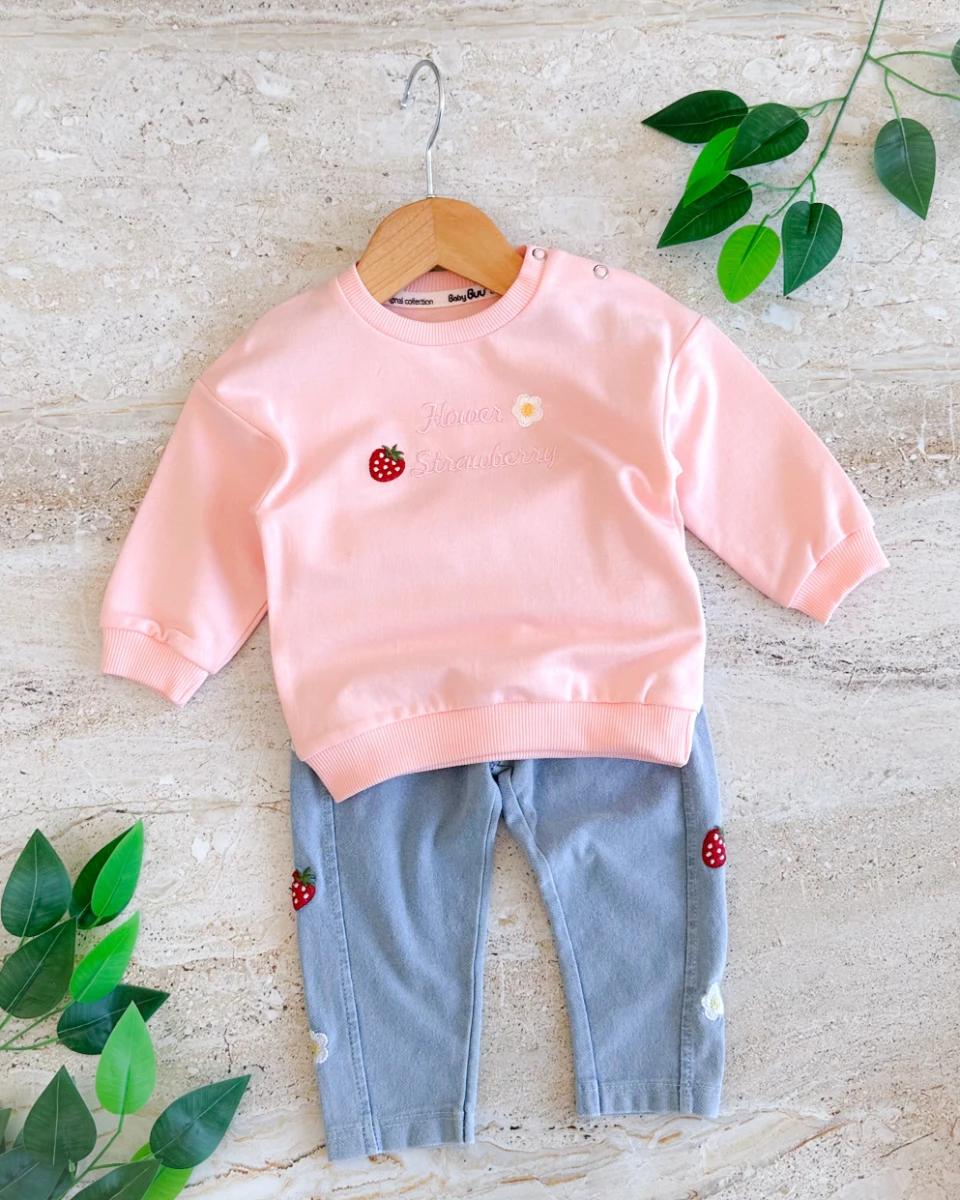 Çilek papatya nakış detay örme kot taytlı iki ip sweat mevsimlik 2 parça bebe takım 