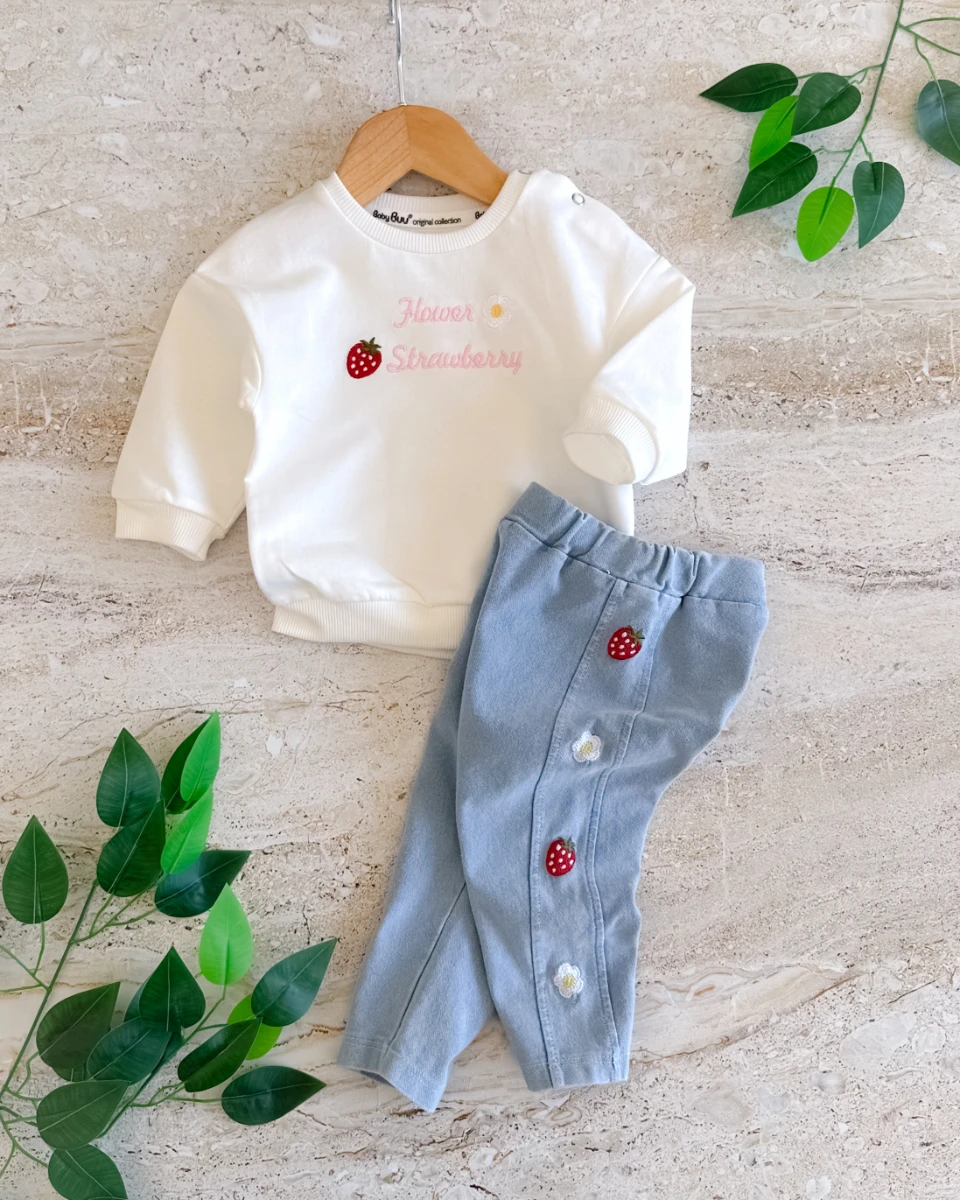 Çilek papatya nakış detay örme kot taytlı iki ip sweat mevsimlik 2 parça bebe takım 