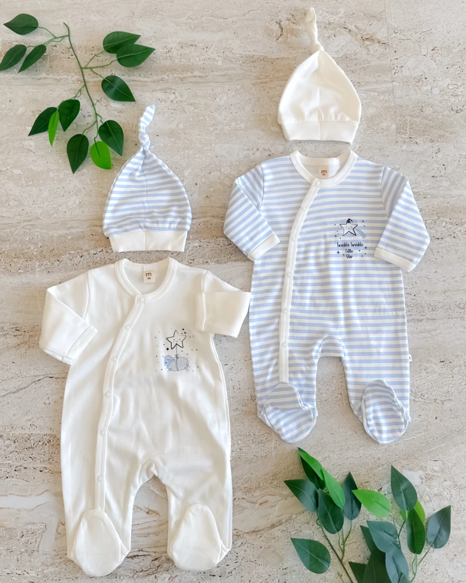 Uykulu kuzucuk desen boydan çıtçıtlı mevsimlik penye kumaş 4 parça bebe tulum set 