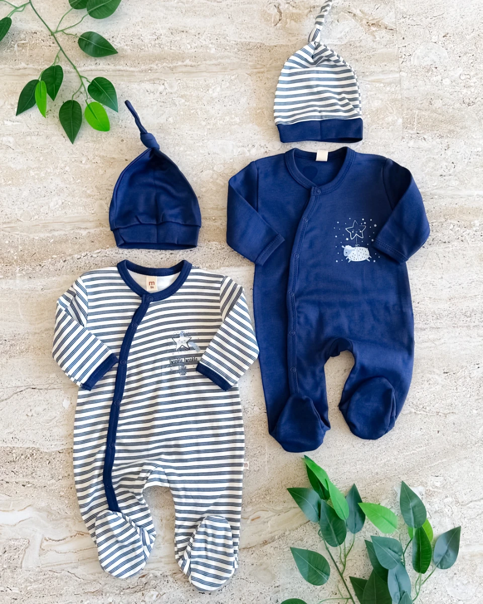 Uykulu kuzucuk desen boydan çıtçıtlı mevsimlik penye kumaş 4 parça bebe tulum set 