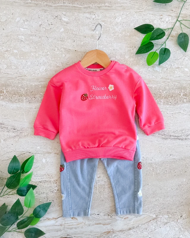 Çilek papatya nakış detay örme kot taytlı iki ip sweat mevsimlik 2 parça bebe takım 