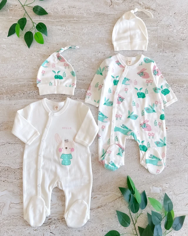 Hello rabbit boydan çıtçıtlı mevsimlik penye kumaş 4 parça bebe tulum set 