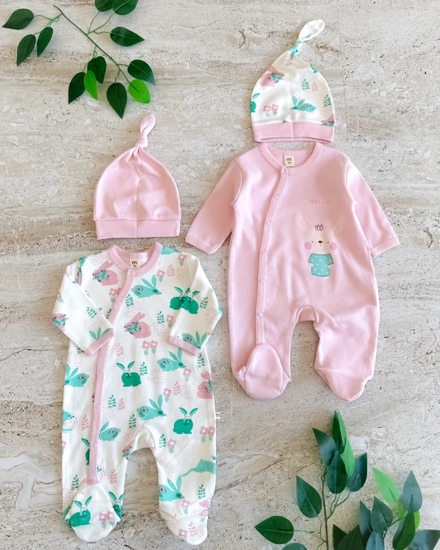 Hello rabbit boydan çıtçıtlı mevsimlik penye kumaş 4 parça bebe tulum set 