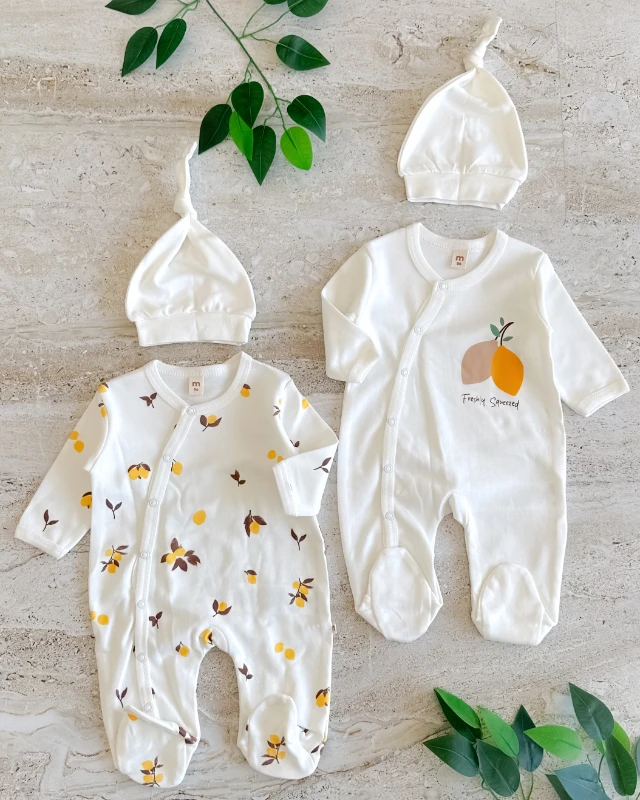 Limon desen boydan çıtçıtlı mevsimlik penye 4 parça bebe tulum set 