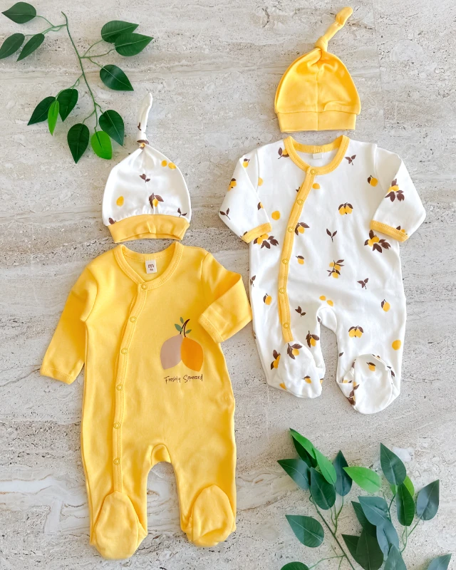 Limon desen boydan çıtçıtlı mevsimlik penye 4 parça bebe tulum set 