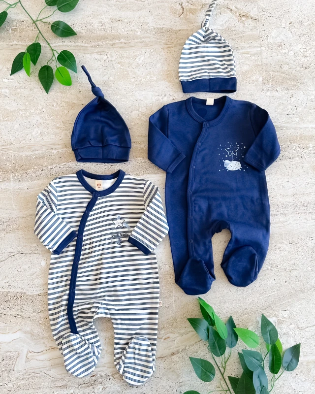 Uykulu kuzucuk desen boydan çıtçıtlı mevsimlik penye kumaş 4 parça bebe tulum set 