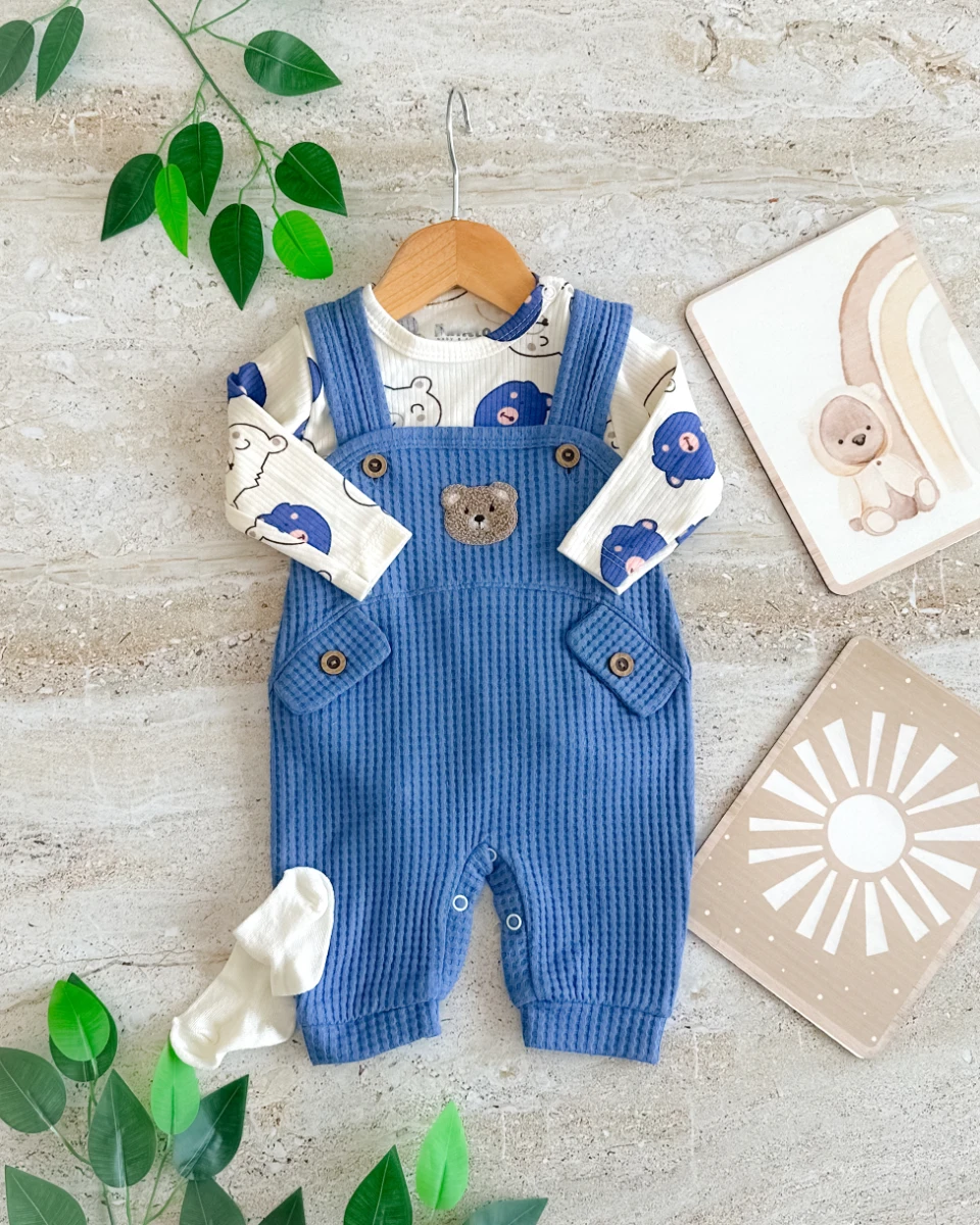 Ayıcık detay alttan çıtçıtlı çorap hediyeli mevsimlik 2 parça salopet set 