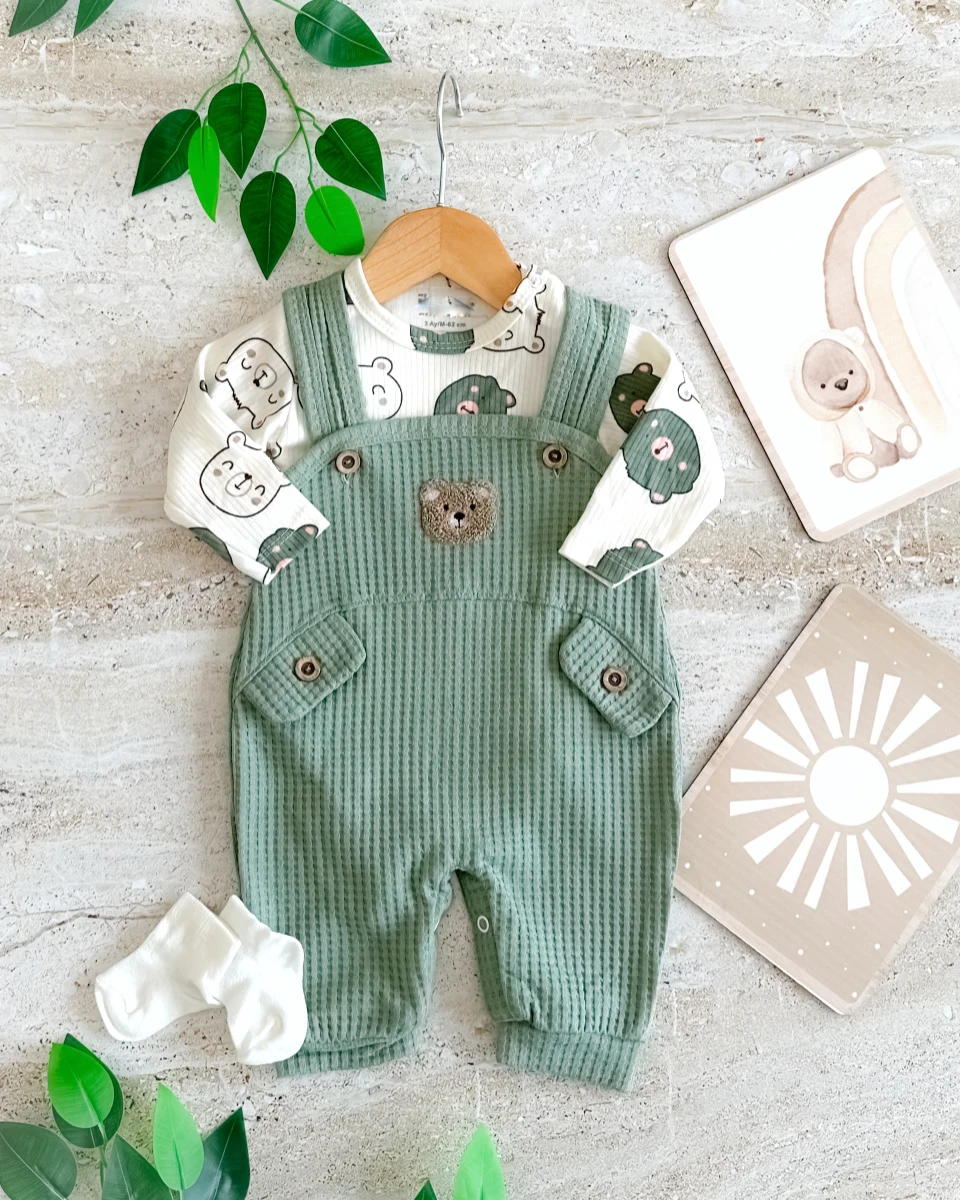 Ayıcık detay alttan çıtçıtlı çorap hediyeli mevsimlik 2 parça salopet set 