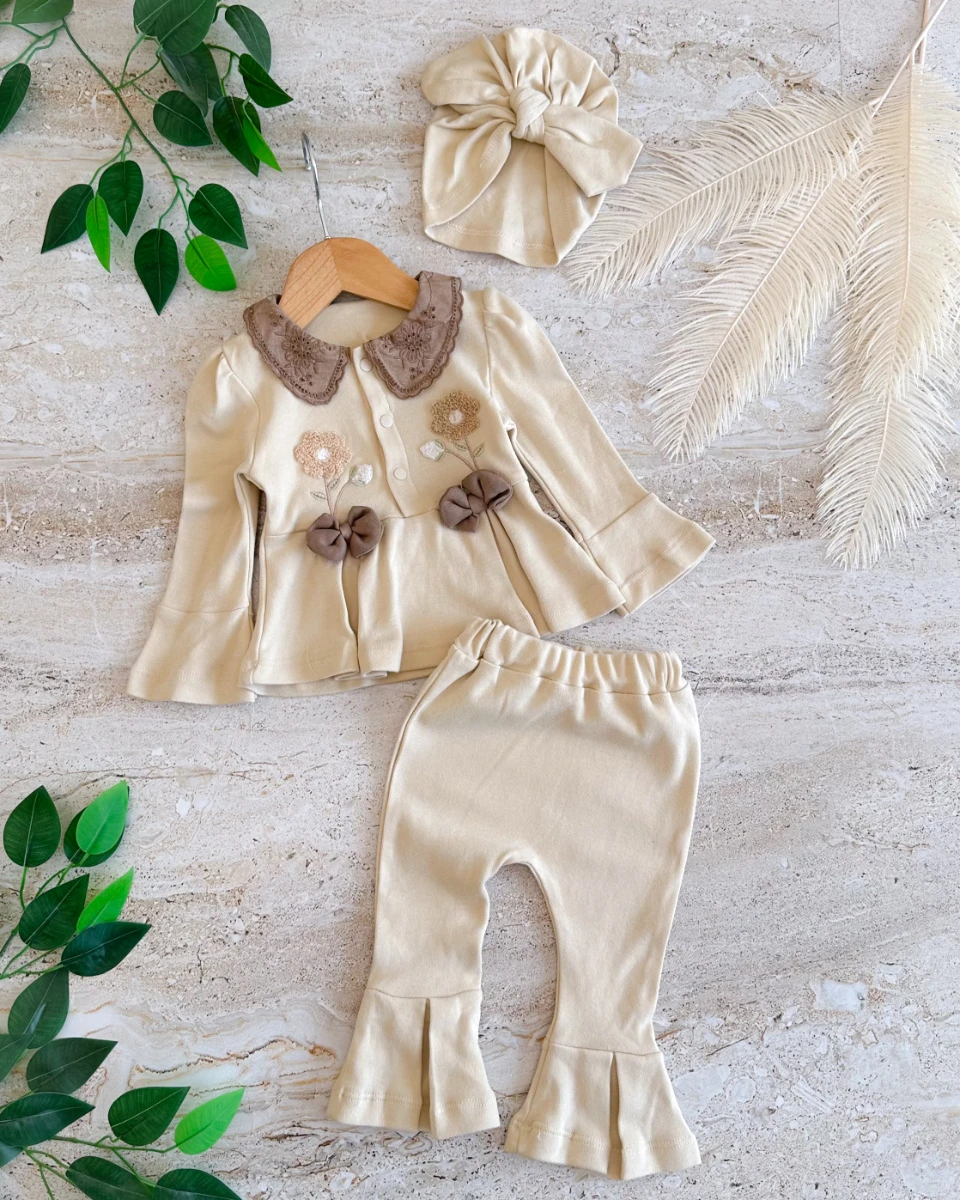 Buket çiçek kampanyalı mevsimlik 3 parça kız bebe takım  
