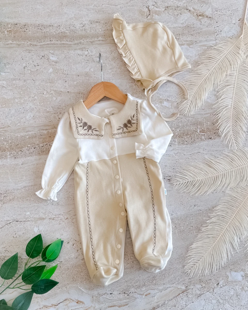 Nakış yaka ayaklı 2 parça kampanyalı bebe tulum set  