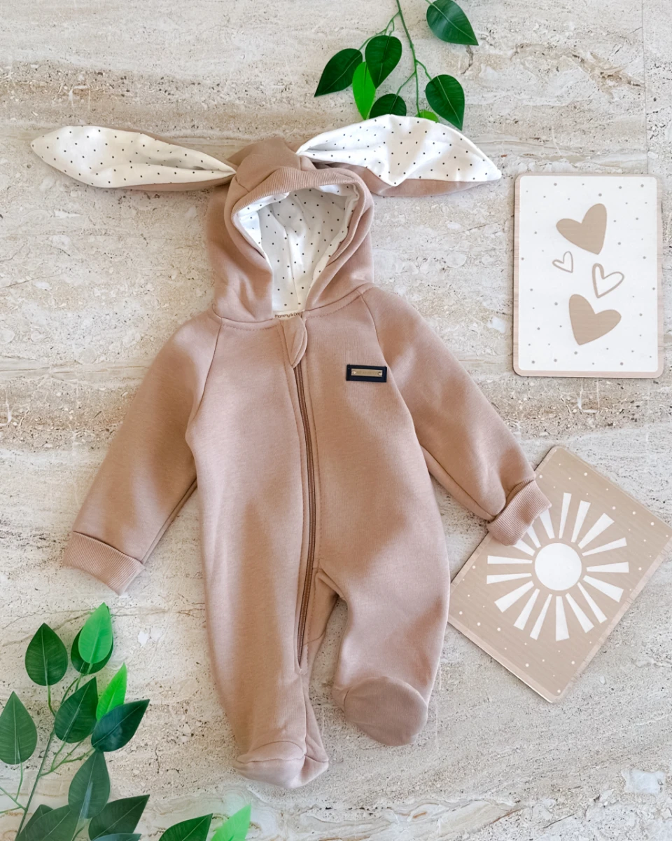 Tavşan kulak boydan fermuarlı şardonlu bebe tulum 