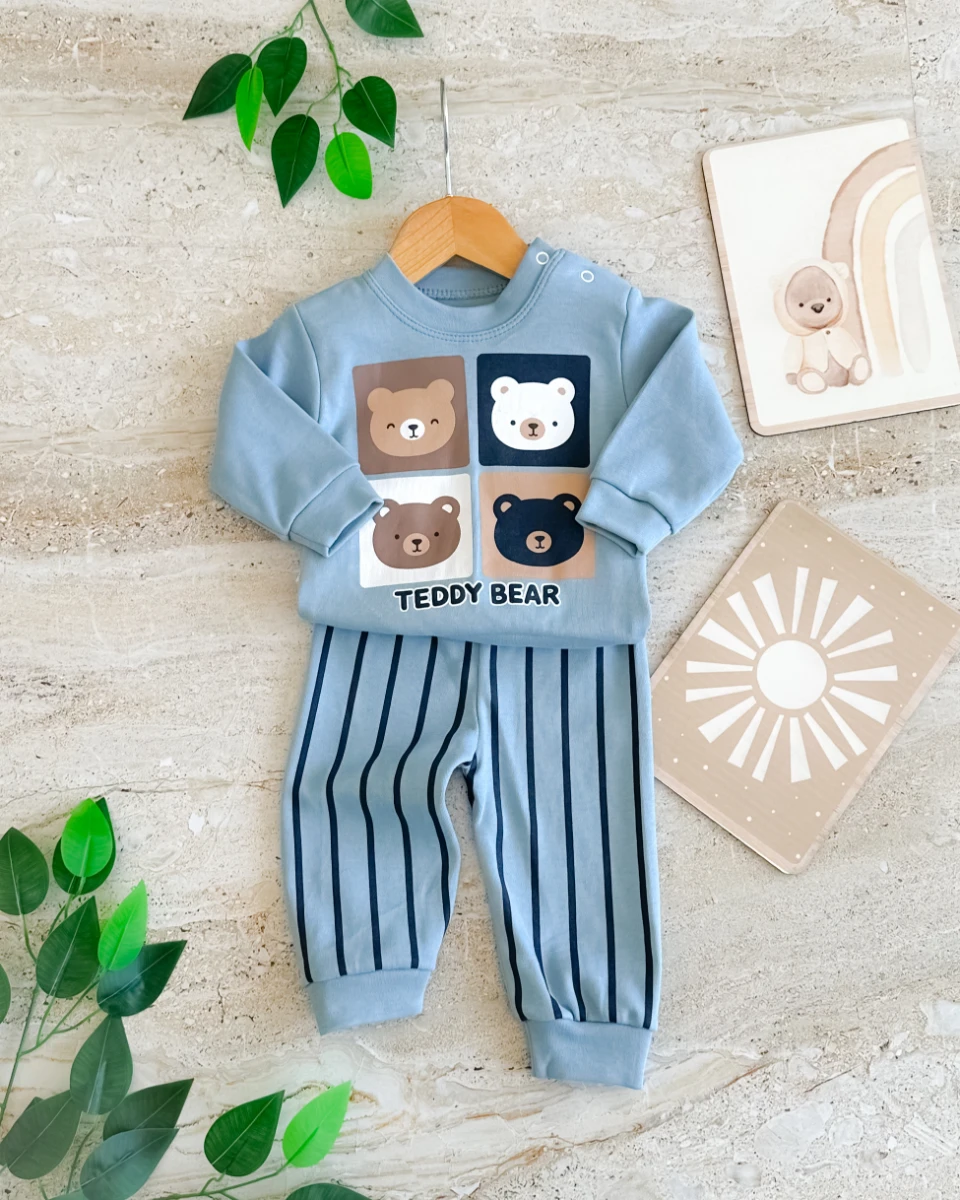 Teddy bear omuzdan çıtçıt detay mevsimlik 2 parça bebe takım  