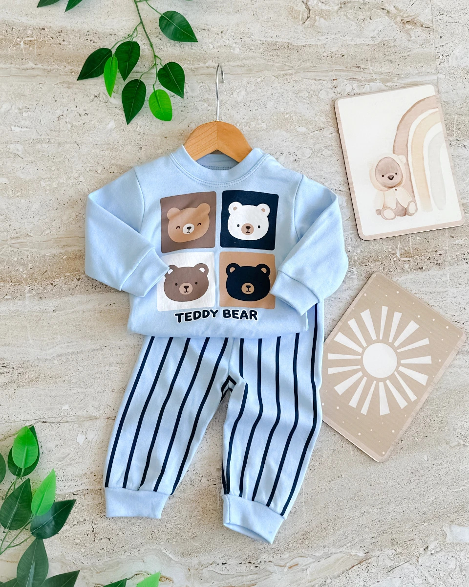 Teddy bear omuzdan çıtçıt detay mevsimlik 2 parça bebe takım 