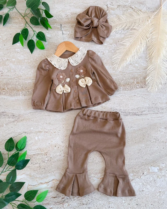 Buket çiçek kampanyalı mevsimlik 3 parça kız bebe takım 