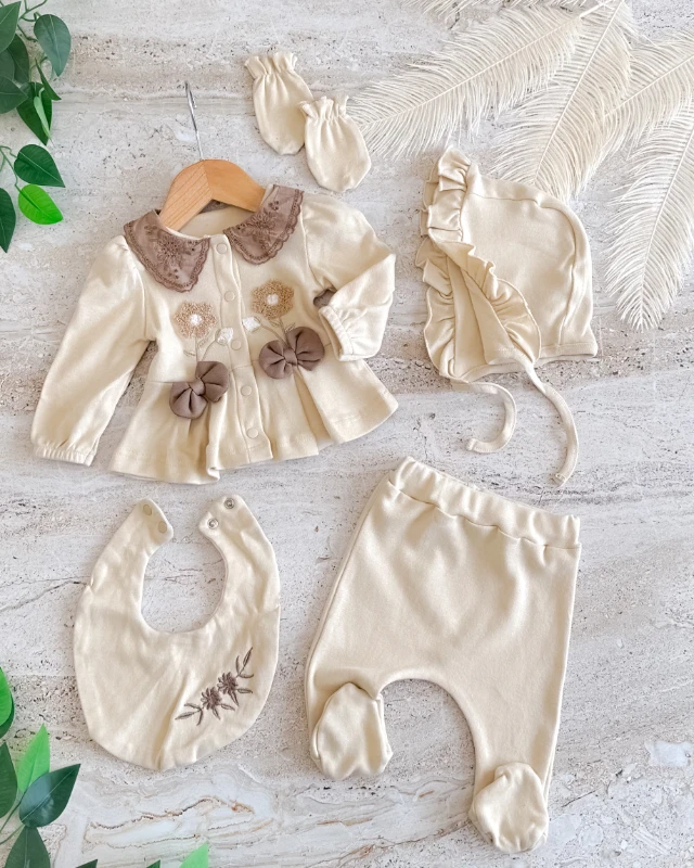 Çiçek nakış kampanyalı yenidoğan 5 parça set 