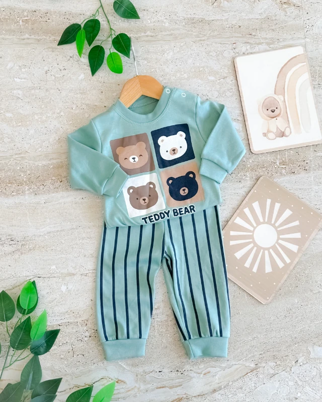 Teddy bear omuzdan çıtçıt detay mevsimlik 2 parça bebe takım 