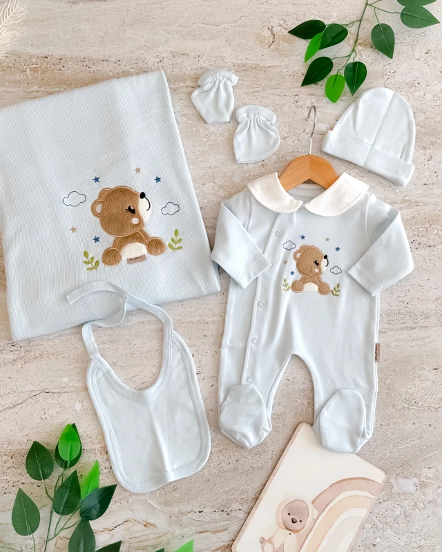 Sevimli boz ayıcık desen merserize battaniyeli 5 parça yenidoğan set 