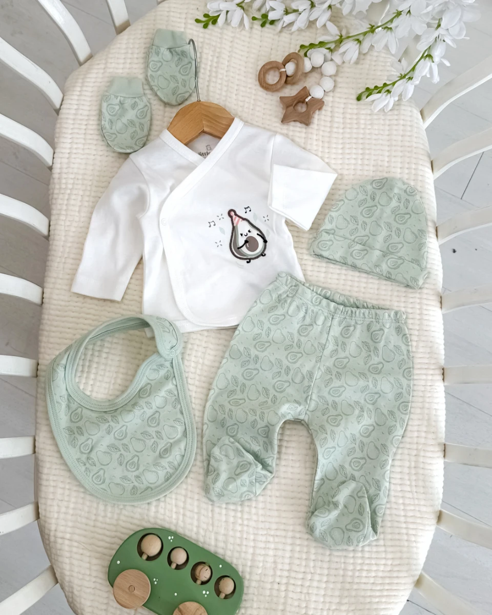 Dansçı avokado baskılı yandan çıtçıtlı mevsimlik yenidoğan 5parça set