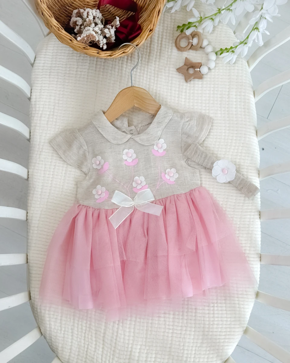 Papatya işlemeli tütü detaylı yazlık kız bebe elbise 