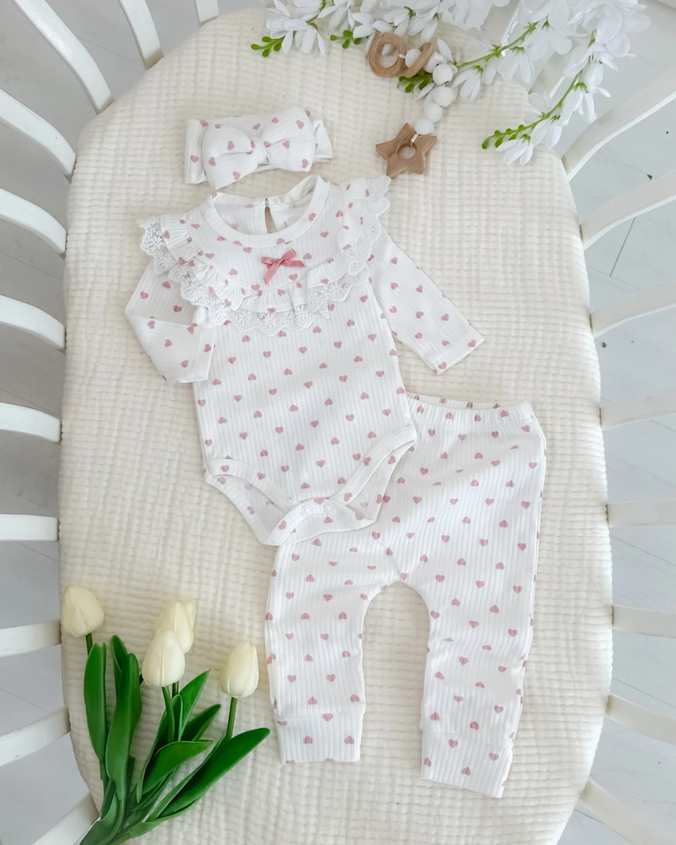 Pembe kalpler güpür yakalı mevsimlik kız bebe takım