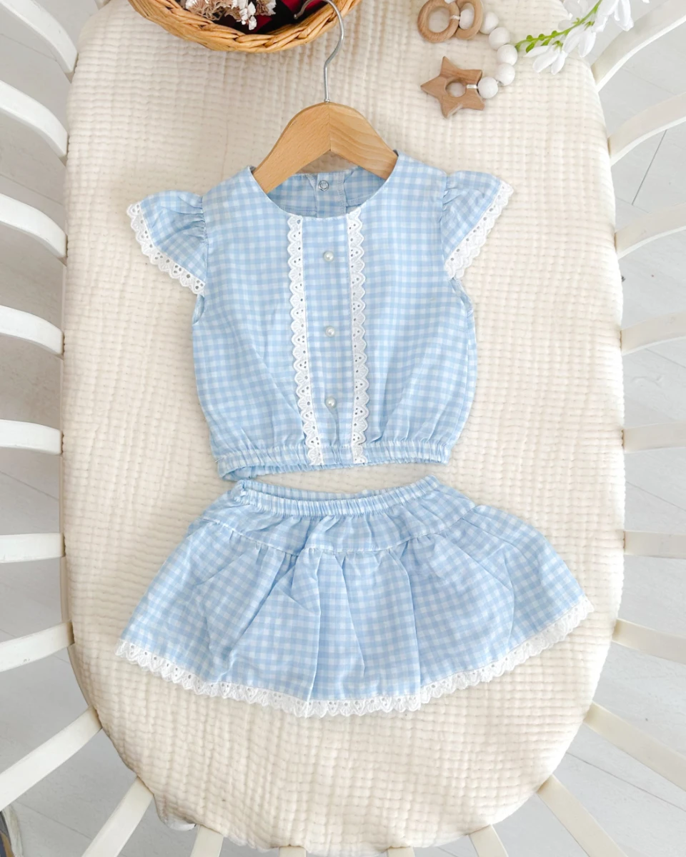 Pötikare dantel detaylı kendinden kilotlu yazlık 2li kız bebe takım