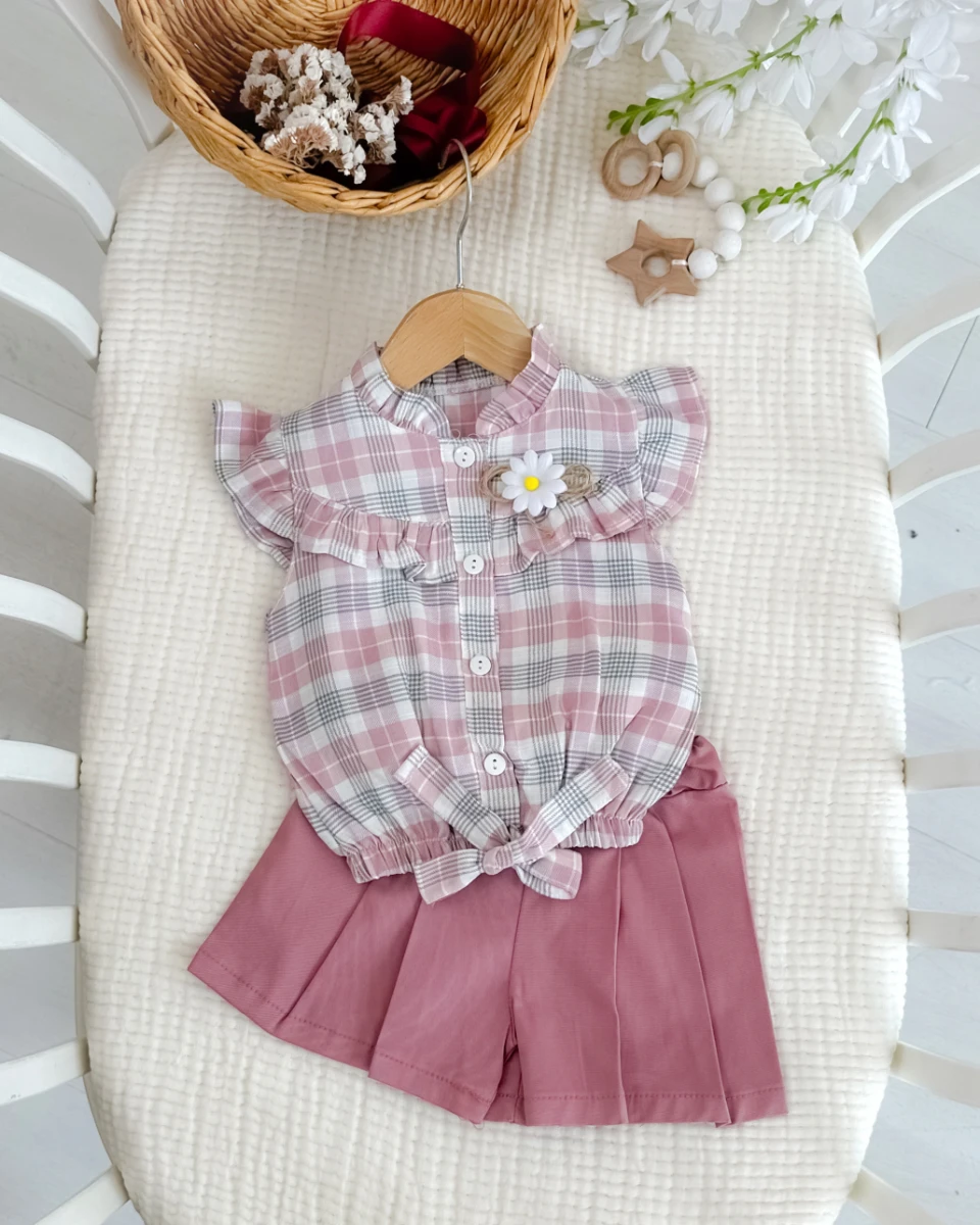 Pötikare gömlekli etek görünümlü şortlu yazlık kız bebe takım