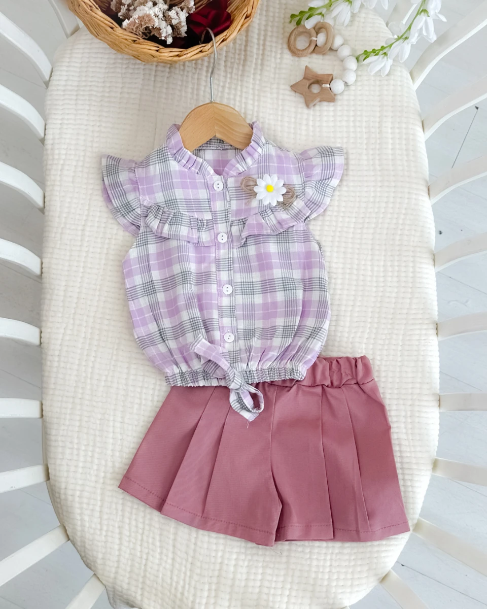 Pötikare gömlekli etek görünümlü şortlu yazlık kız bebe takım