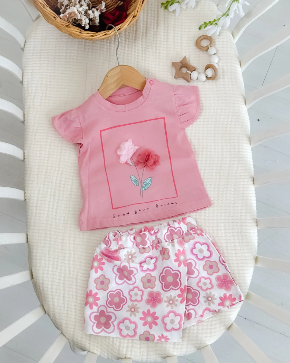 Renkli çiçekler şort etekli yazlık 2li kız bebe takım