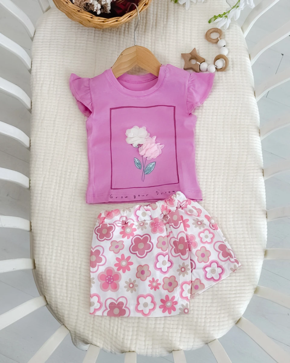 Renkli çiçekler şort etekli yazlık 2li kız bebe takım