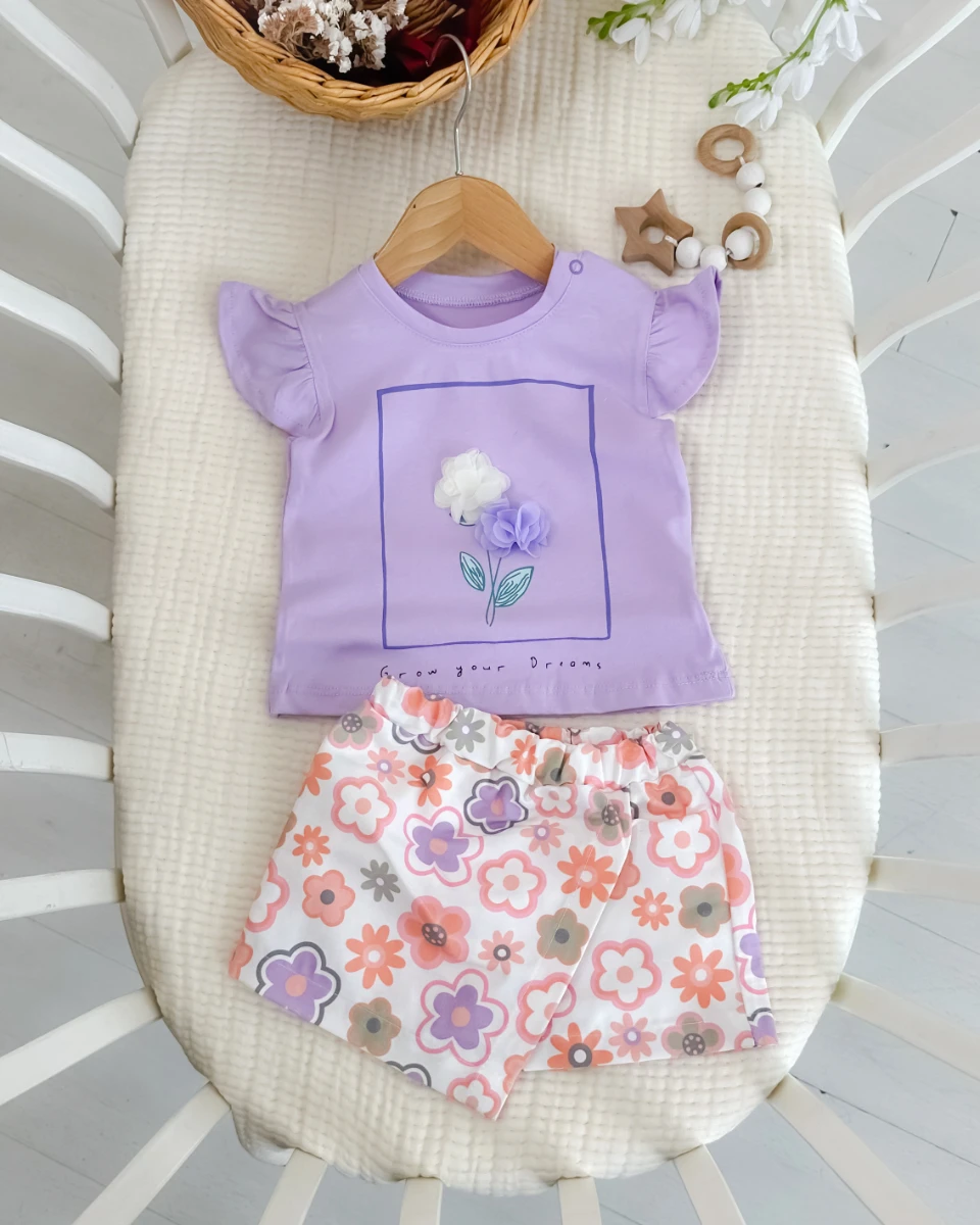 Renkli çiçekler şort etekli yazlık 2li kız bebe takım