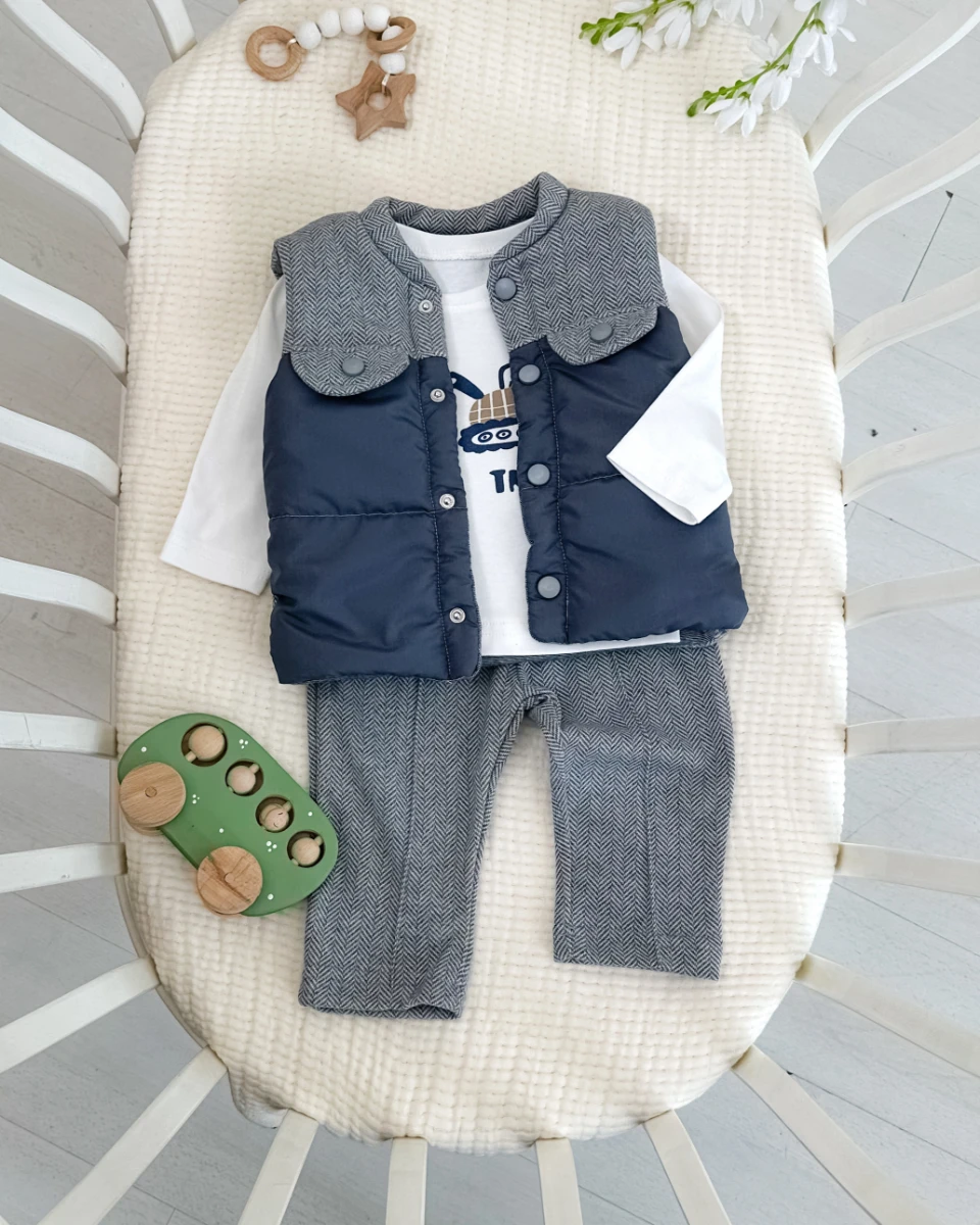 Sahte cep görünümlü şişme yelekli mevsimlik 3lü erkek bebe takım